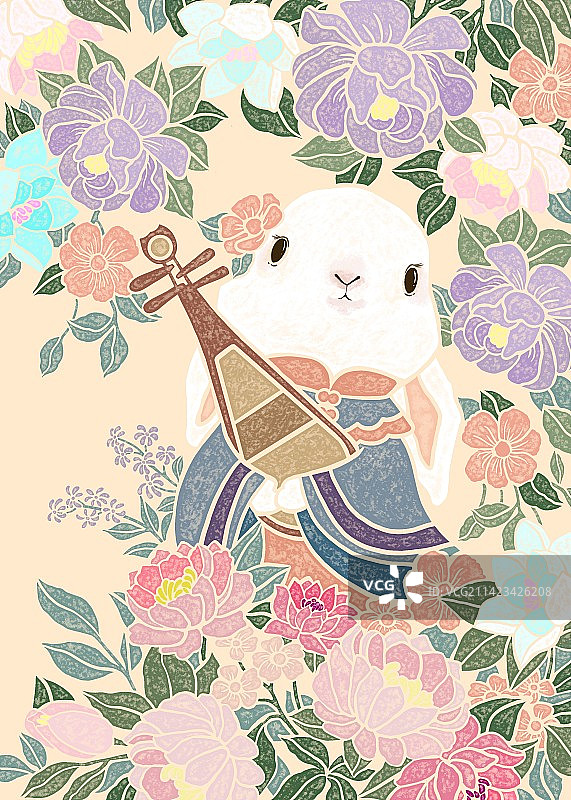 在花下拿着琵琶的小兔子图片素材