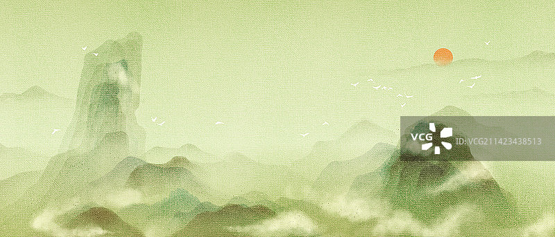 新中式彩色山水画图片素材