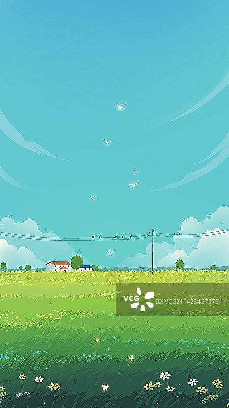 春天乡村田园风光治愈插画图片素材
