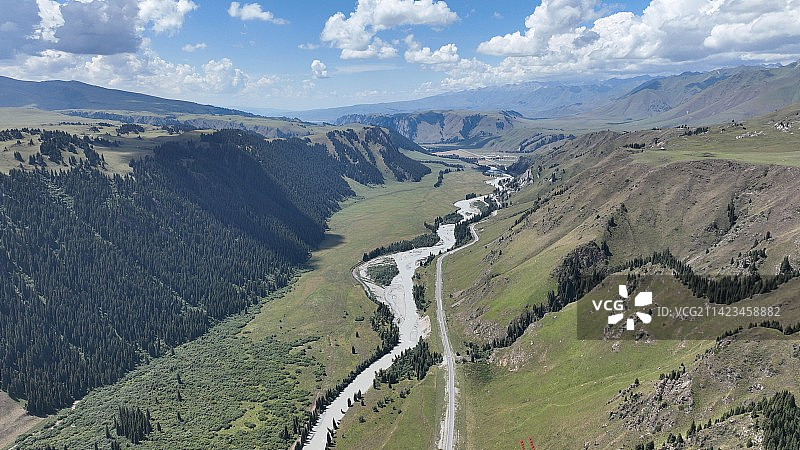 蓝天白云下航拍新疆伊犁唐布拉草原上的河流森林仙女湖观星基地图片素材