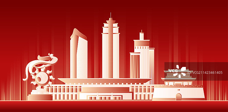 荆州城市红色科技建筑插画图片素材