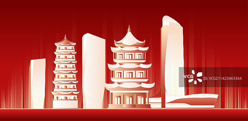 漳州城市红色科技建筑插画图片素材