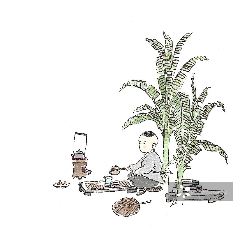 古风手绘童子煮茶插画图片素材