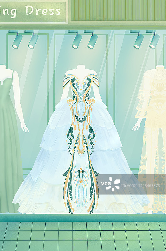 展示着3件礼服的婚纱店橱窗图片素材