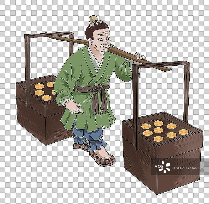 古代文学小说四大名著水浒传武大郎卖炊饼摆摊挑担子元素插画图片素材