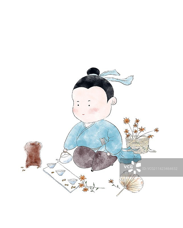 古风淡彩围炉煮茶手绘插画图片素材