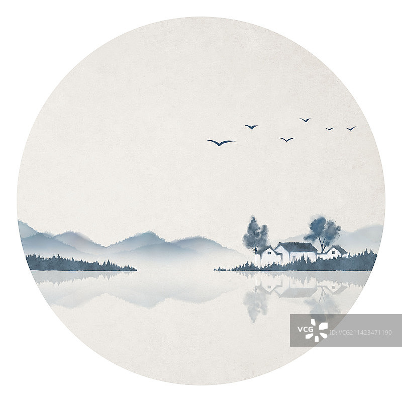 江南村子中式插画图片素材