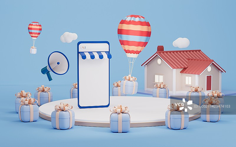 手机商店与网上购物概念3D渲染图片素材