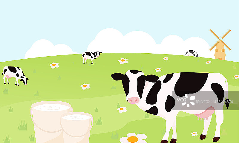 牧场奶牛牛奶扁平风景插画图片素材