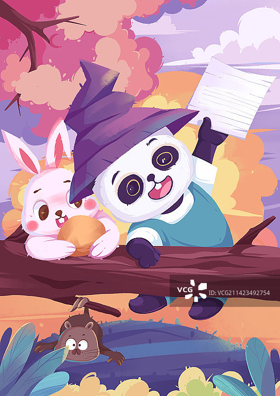 春天踏青郊游的大熊猫和兔子图片素材