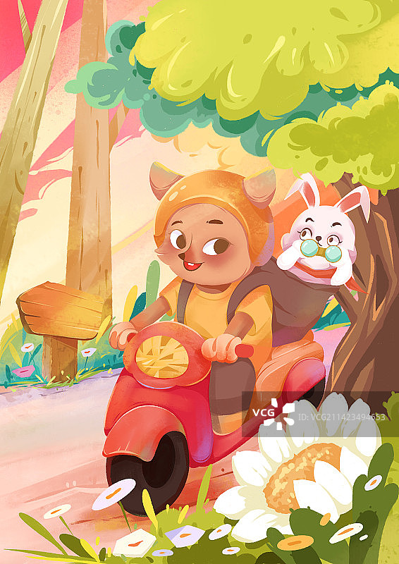兔子和狐狸去森林旅游踏春图片素材