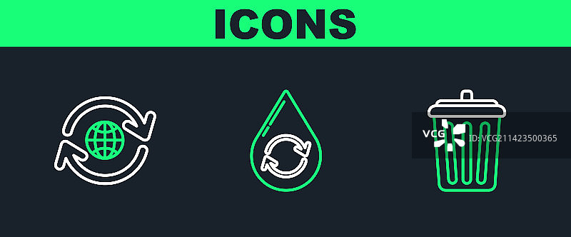 垃圾桶地球和回收标志线性图标图片素材