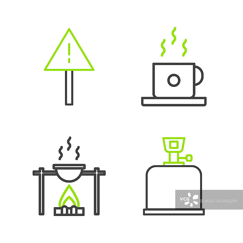 露营燃气灶、篝火和锅等线性图标合集图片素材