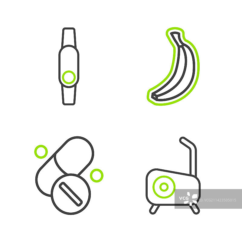 室内自行车、维生素药丸和香蕉线条组合图片素材