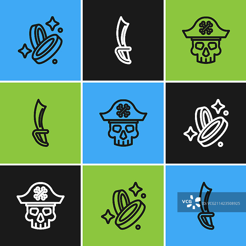 线条海盗硬币船长和剑图标图片素材