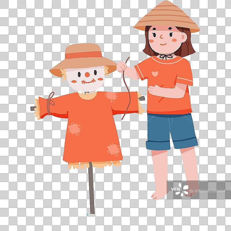 谷雨节气女孩在水稻田里做稻草人图片素材