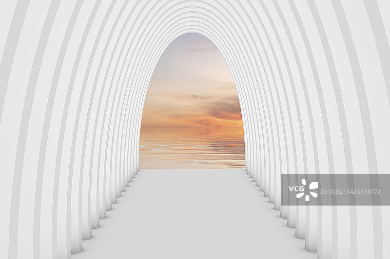 纯白建筑空间远眺日落火烧云图片素材