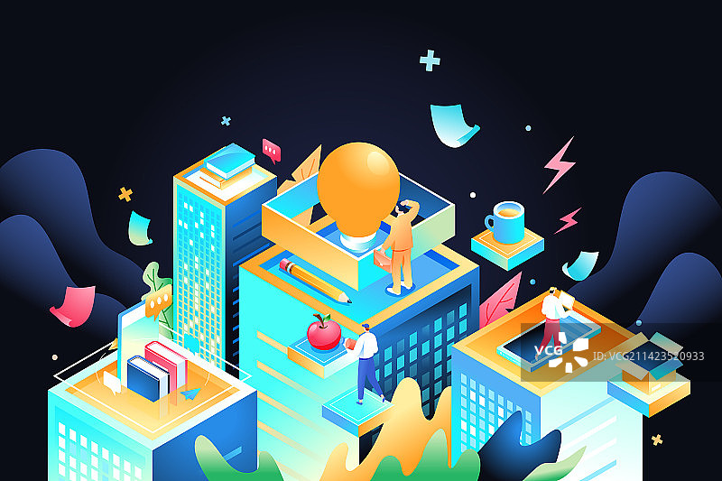 卡通2.5d等距新学期开学季网课教育学生在线教育青年节学生旅行互联网电子书读书日电商渐变矢量插画图片素材