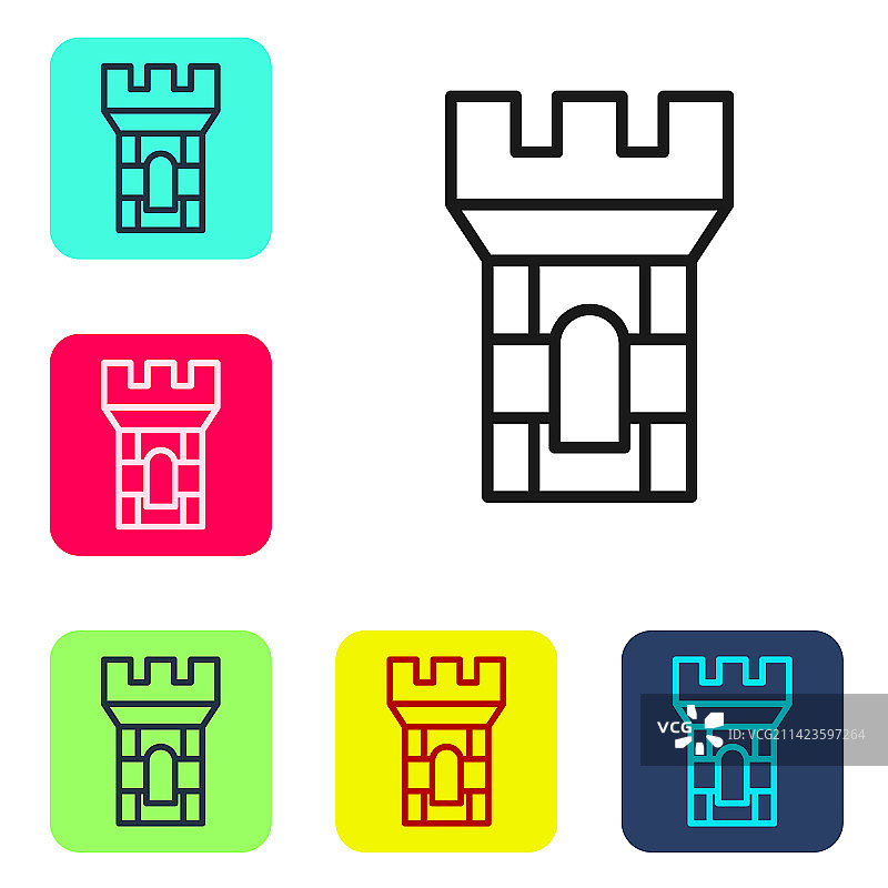 白色背景上的黑色线条城堡塔楼图标图片素材