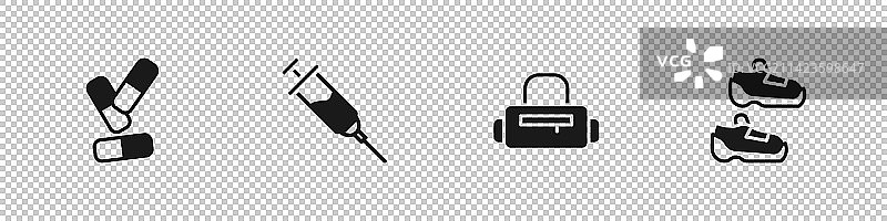 维生素药丸、兴奋剂注射器与运动包图片素材