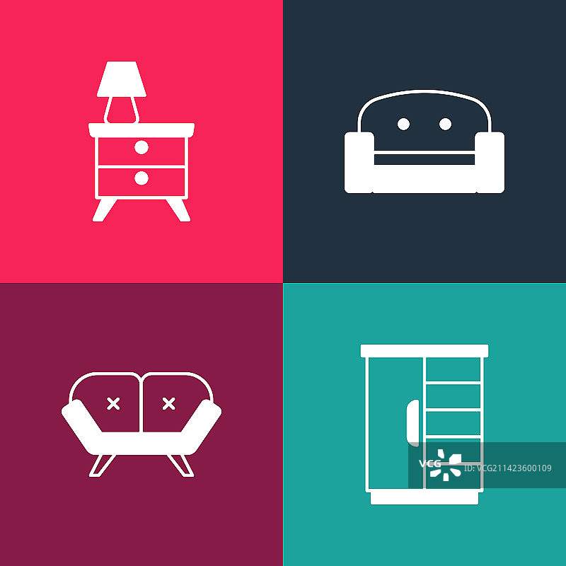 波普艺术风格的衣柜、沙发、扶手椅和床头柜图片素材