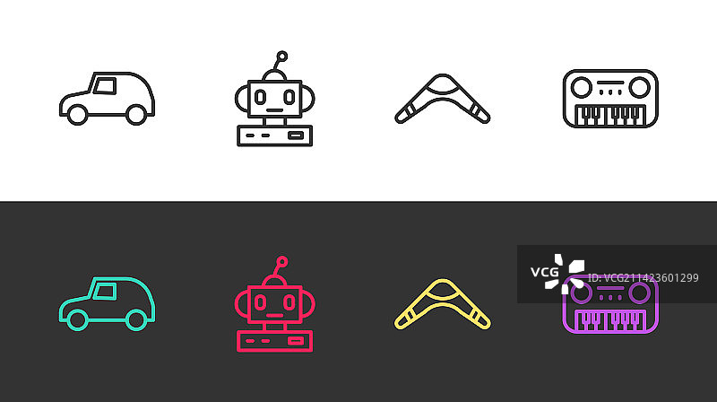 玩具车，机器人玩具，回旋镖和钢琴图片素材