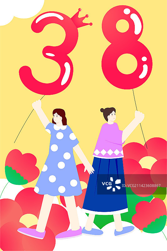 卡通节日3.8三八节女性妇女节女生节女神节少女女人女性可爱职业电商优惠促销购物商务数字扁平矢量插画图片素材