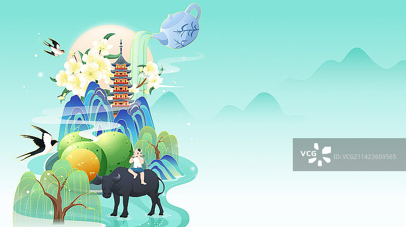 国风传统节气清明牧童放牛踏青矢量插画图片素材