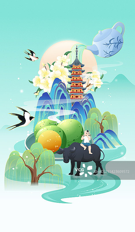 国风传统节气清明牧童放牛踏青矢量插画图片素材