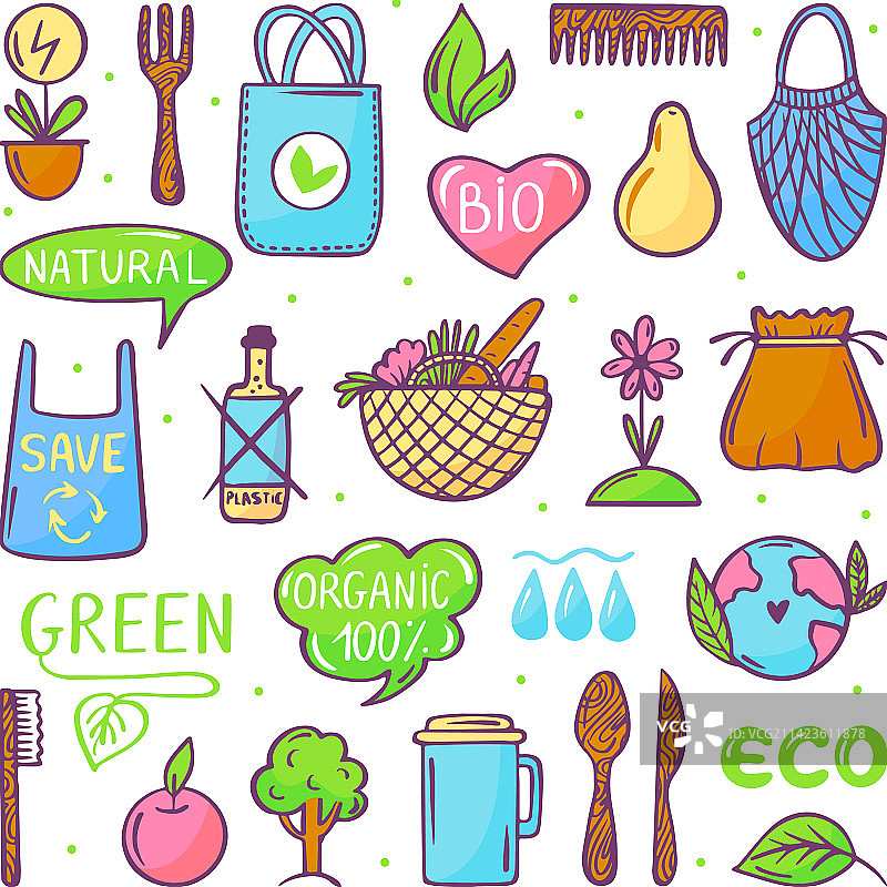 零浪费涂鸦元素和可重复使用的生态物品图片素材