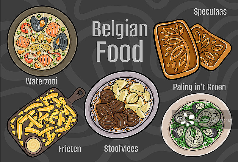 比利时美食：一套经典菜肴卡通手绘图片素材