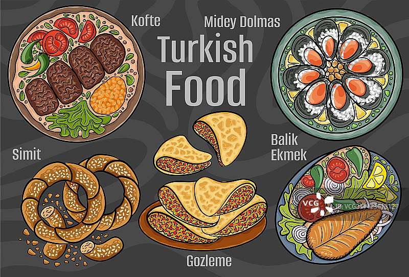 土耳其美食经典菜肴卡通手绘合集图片素材