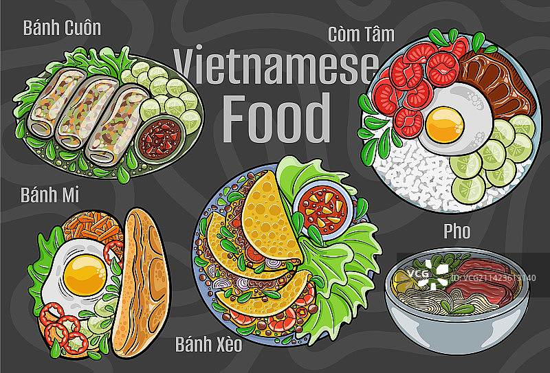 越南美食经典菜肴卡通图片素材