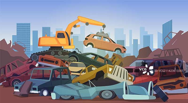 大型汽车报废场：损坏的旧汽车图片素材