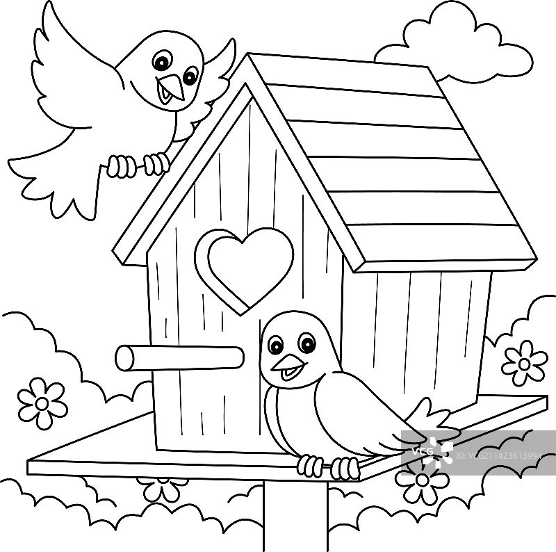 儿童春季鸟屋涂色页图片素材