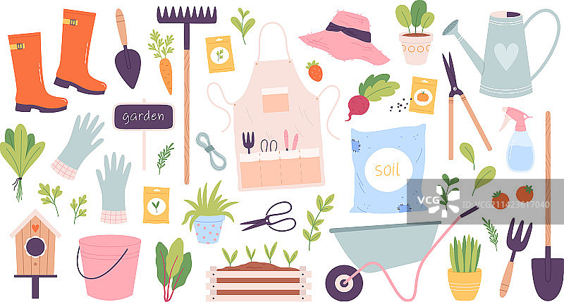 园艺工具组合手推车和耙子图片素材