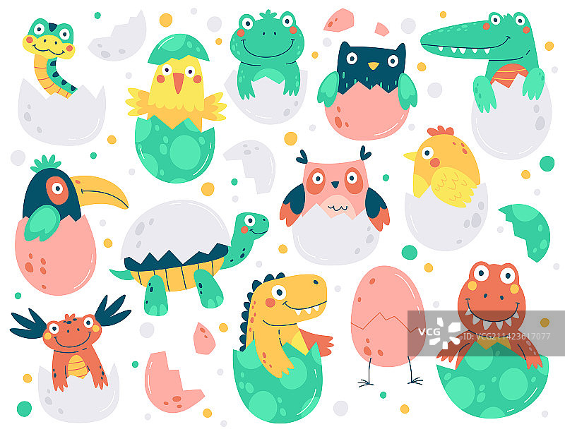 从鸡蛋中孵化出的可爱小鸡和爬行动物图片素材