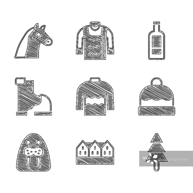 毛衣、挪威木屋、树、无檐小便帽套装图片素材