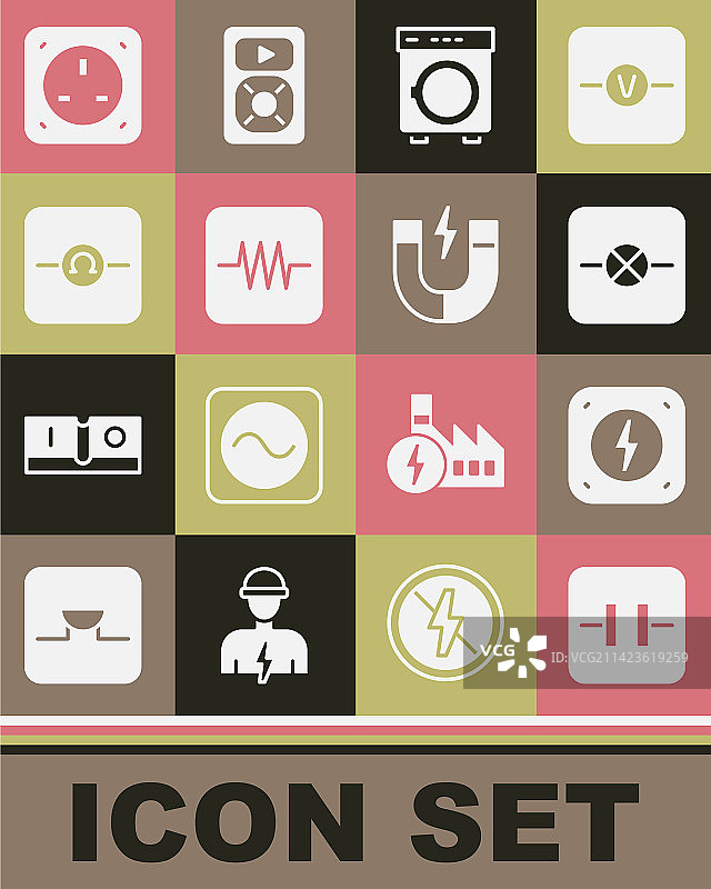 电解电容器、闪电和灯泡套装图片素材