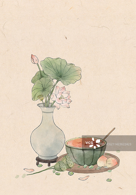 一篮樱桃水墨风手绘插画图片素材