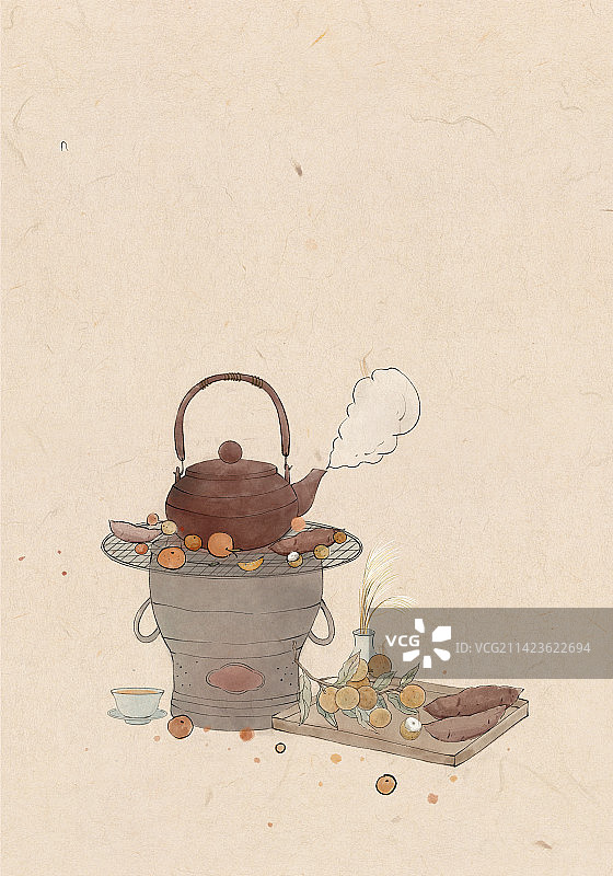 围炉煮茶水墨风手绘插画图片素材
