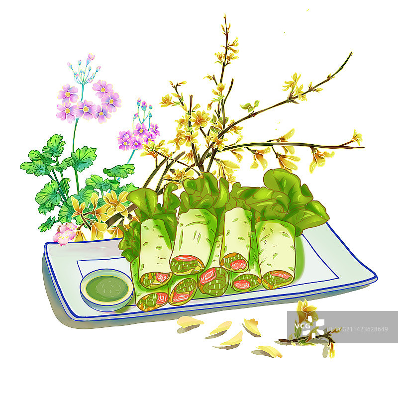 立春节气食物素材含有春卷迎春花报春花的静物图片素材