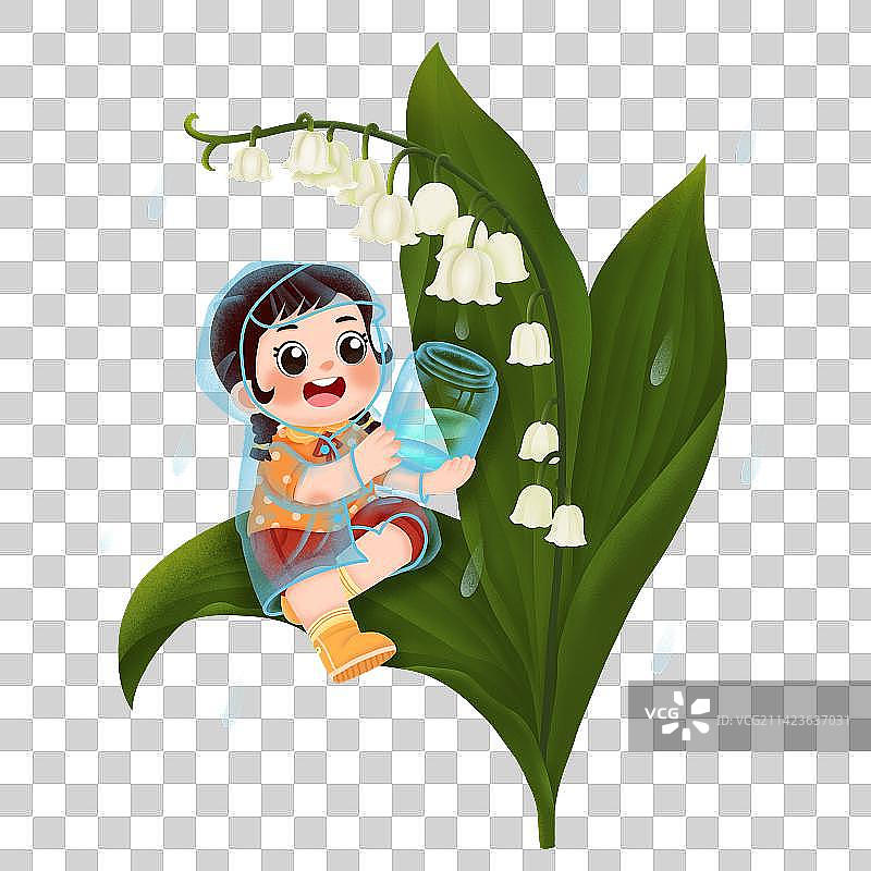 可爱的孩子穿着雨衣，雨水，装露水，铃兰花图片素材