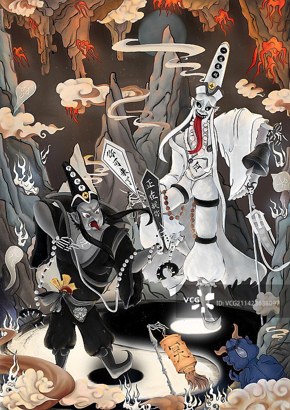 中国神话故事宗教道法自然黑白无常插画图片素材
