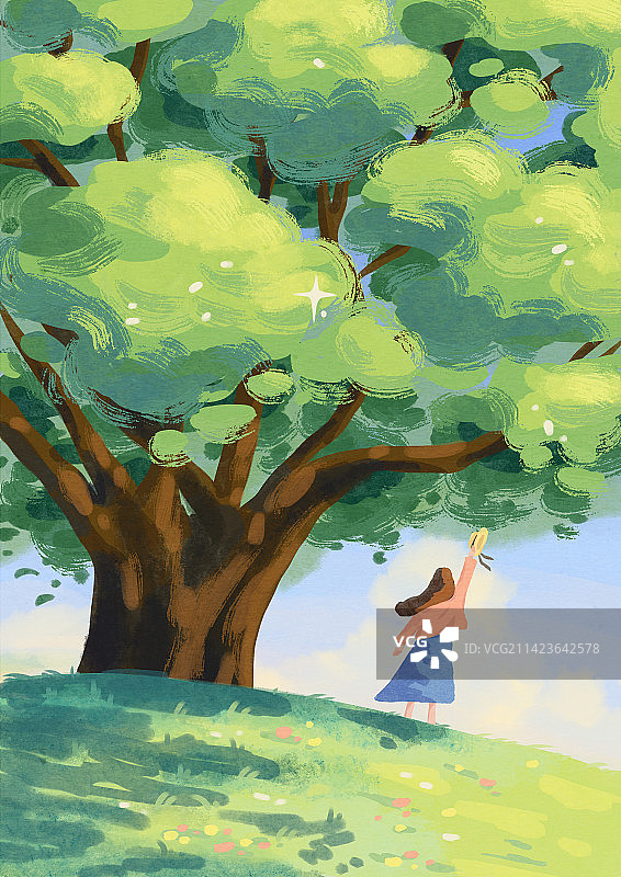 手绘春天女孩在大树下图片素材