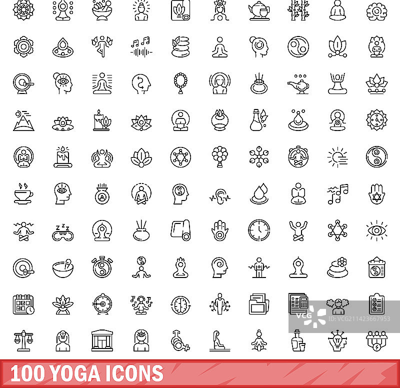 100个瑜伽线框风格图标套装图片素材