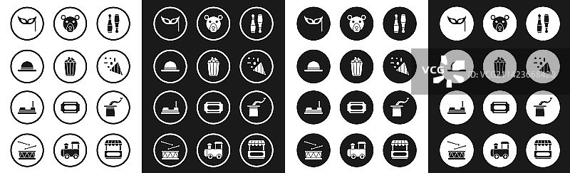 保龄球瓶、爆米花盒、小丑帽子和节日装饰图片素材