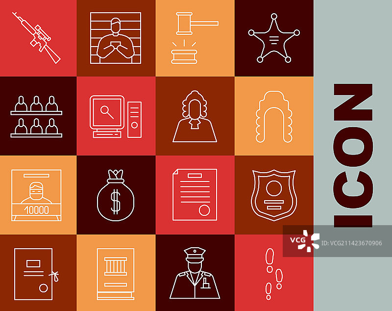 脚步、警察徽章、法官假发、法槌线性图标图片素材