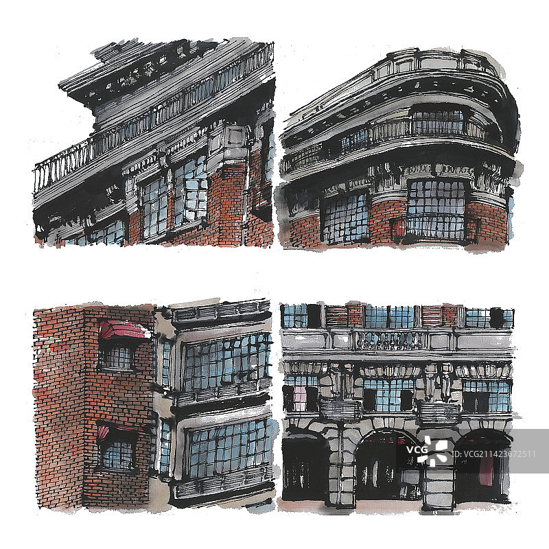 水墨建筑插画-上海细部-武康大楼图片素材