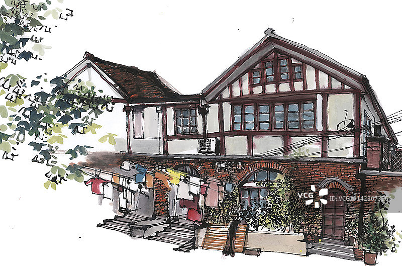 水墨建筑插画-上海面孔-武康路老建筑图片素材